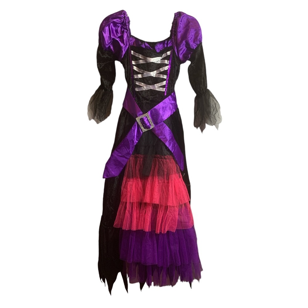 Girls Witch Dress Costume Black Purple Pink Spider Web Size Small Preowned